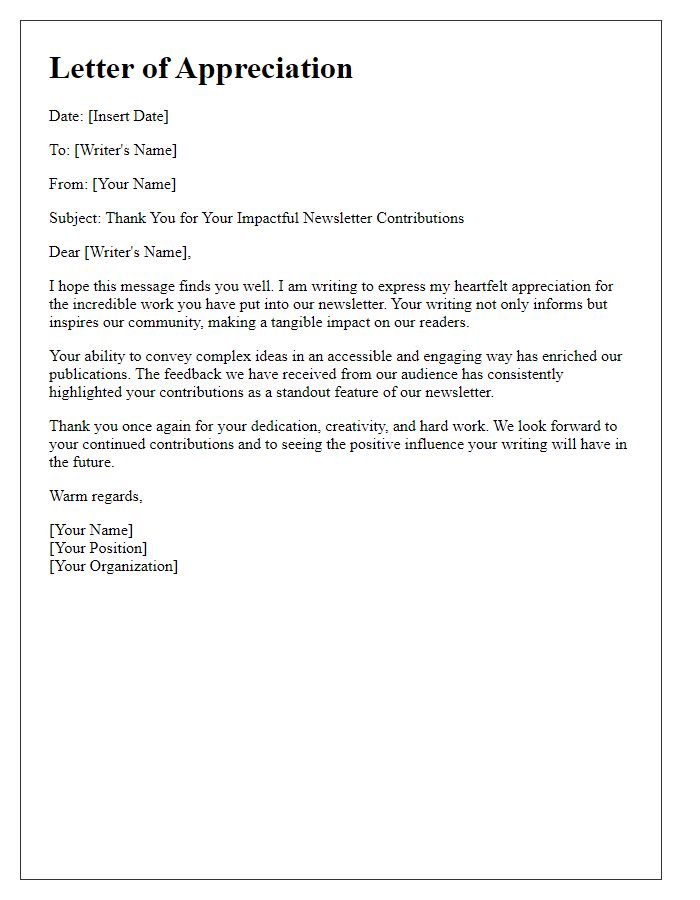 Letter template of appreciation for impactful newsletter writers.