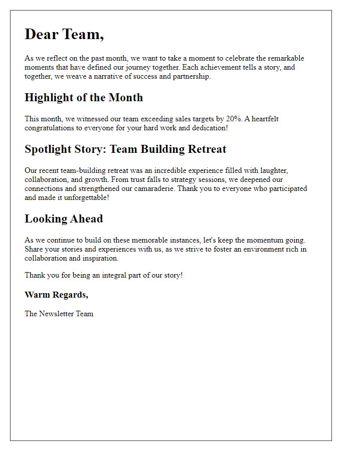 Letter template of celebrating memorable instances in newsletter storytelling