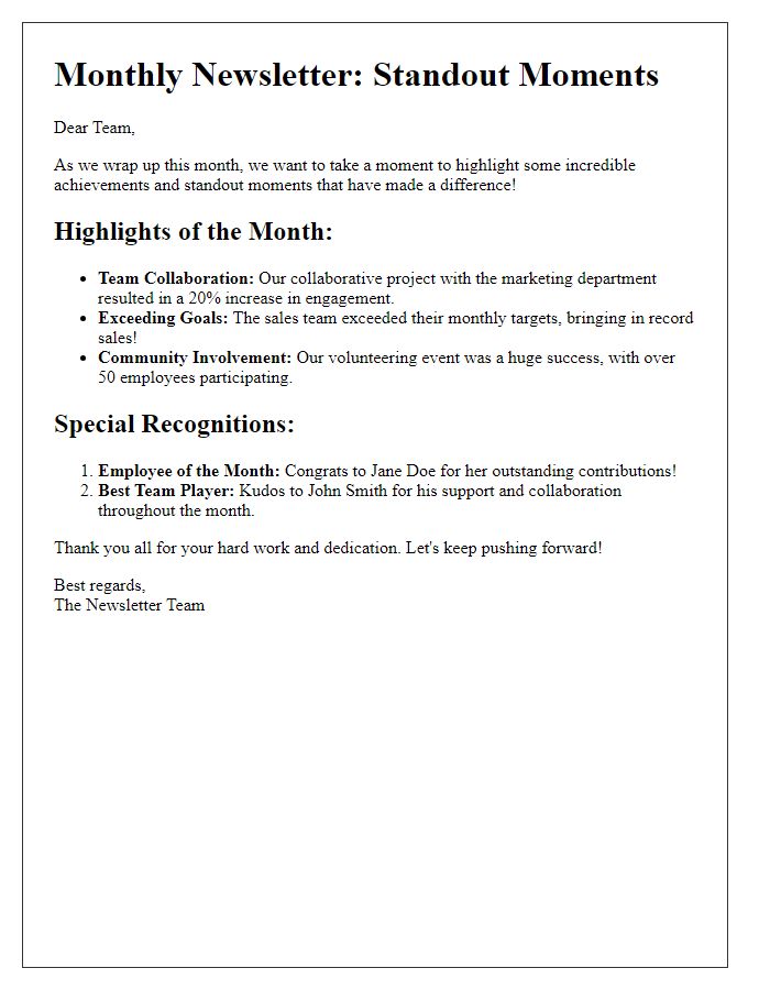 Letter template of compiling standout moments for newsletter distribution