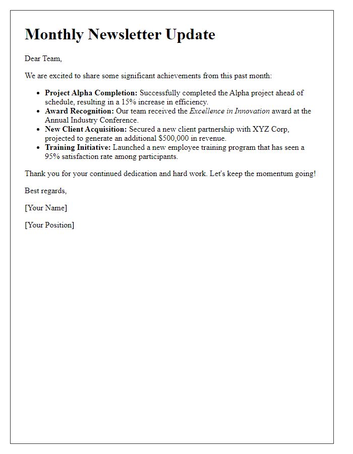 Letter template of documenting significant achievements in newsletter updates