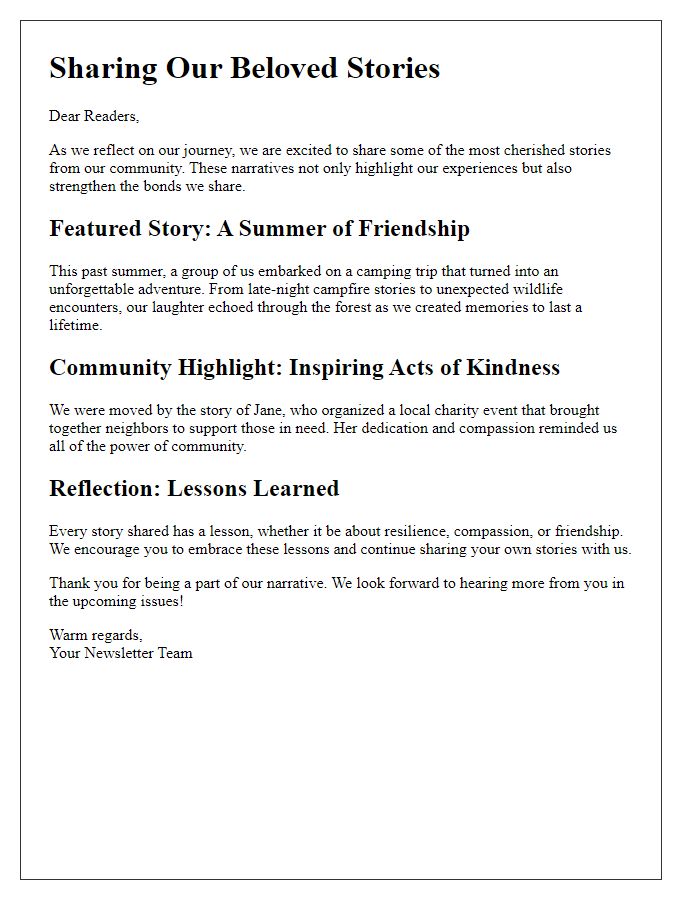 Letter template of sharing beloved stories in newsletter retrospectives