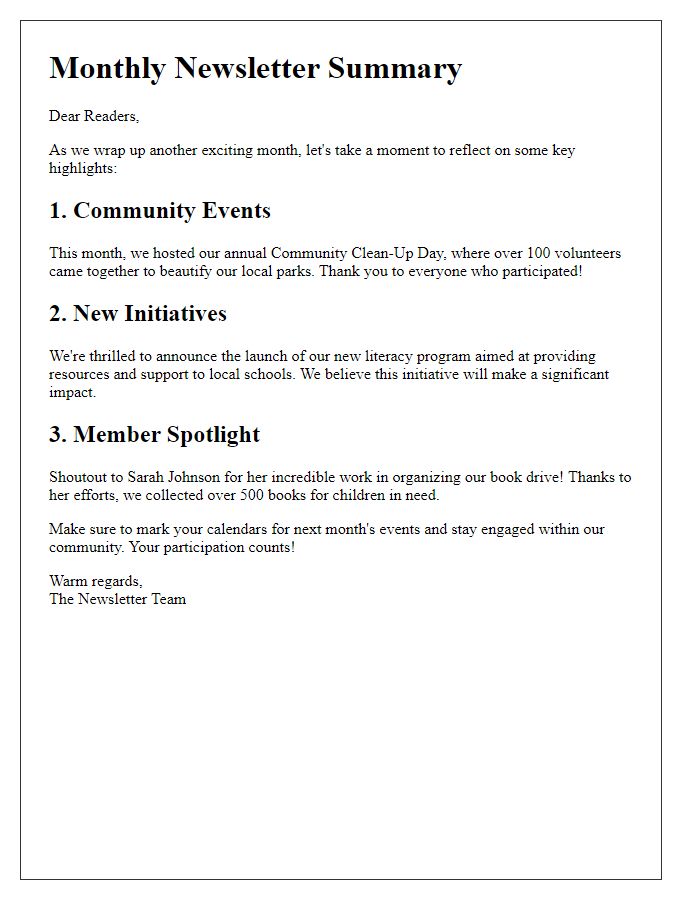 Letter template of summarizing key moments for an engaging newsletter