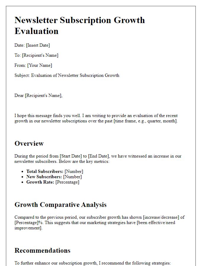 Letter template of evaluating newsletter subscription growth