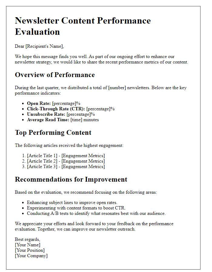 Letter template of newsletter content performance evaluation