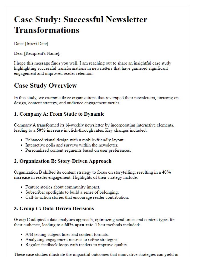 Letter template of case studies on successful newsletter transformations