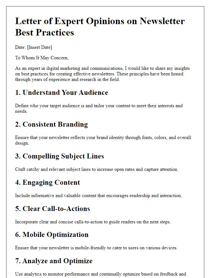 Letter template of expert opinions on newsletter best practices