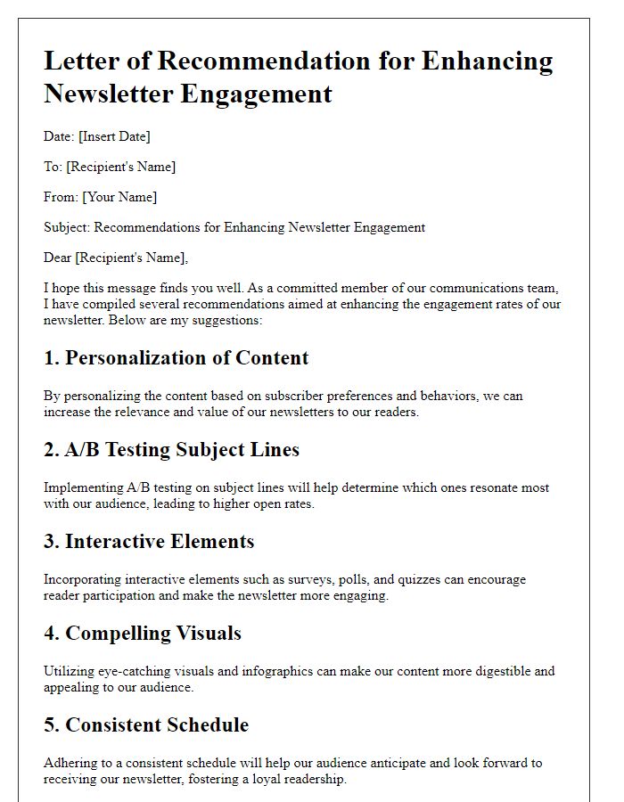 Letter template of recommendations for enhancing newsletter engagement