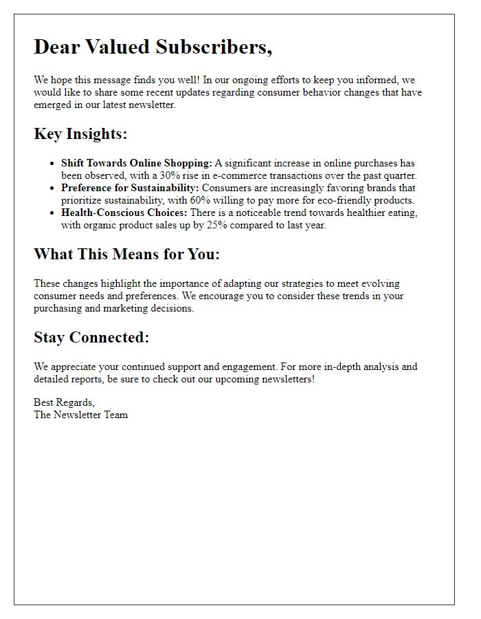 Letter template of updates on newsletter consumer behavior changes