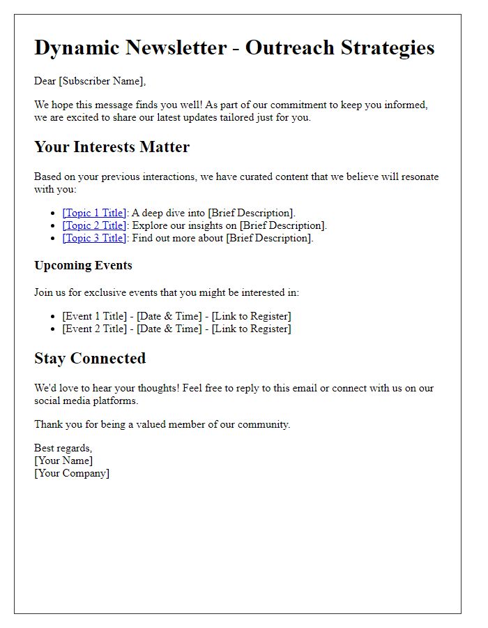 Letter template of dynamic newsletter approaches for targeted outreach.