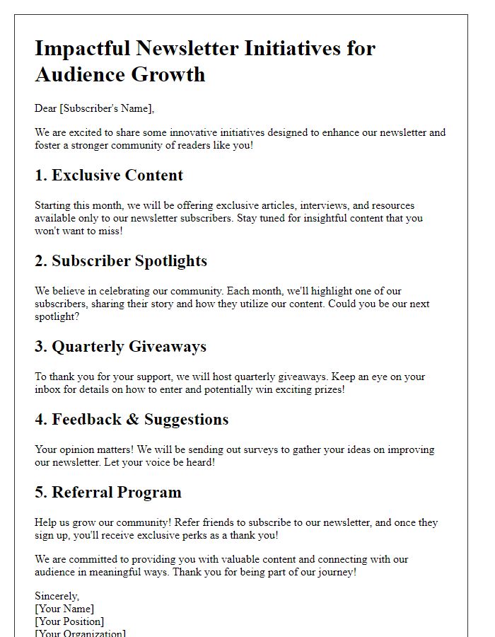 Letter template of impactful newsletter initiatives for audience growth.