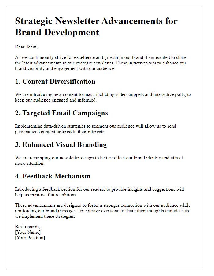 Letter template of strategic newsletter advancements for brand development.