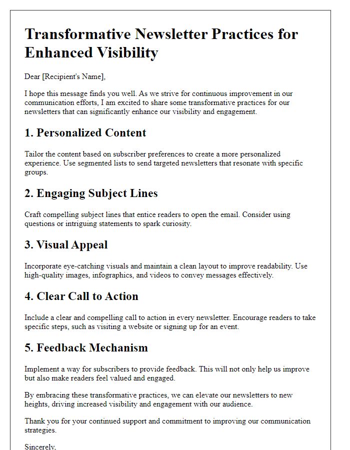 Letter template of transformative newsletter practices for enhanced visibility.