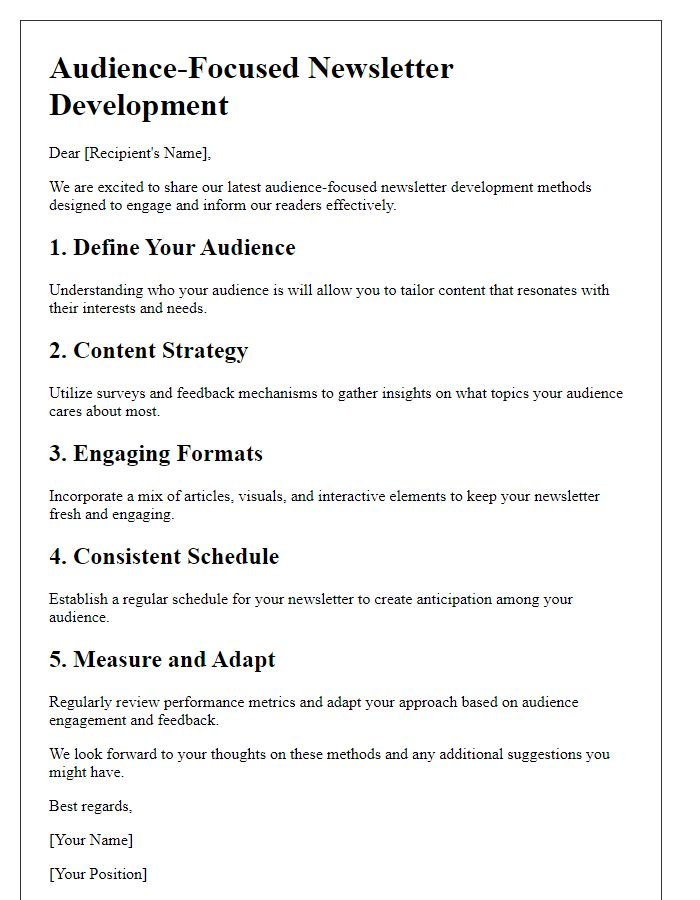 Letter template of audience-focused newsletter development methods.