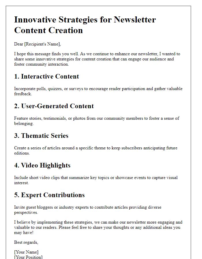 Letter template of innovative strategies for newsletter content creation.