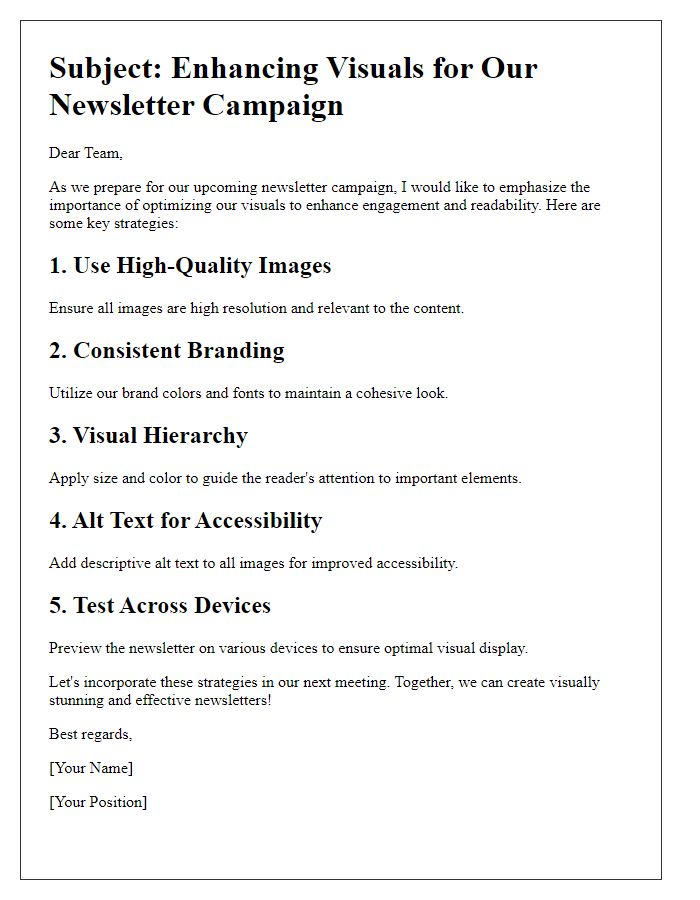 Letter template of optimizing visuals in newsletter campaigns.