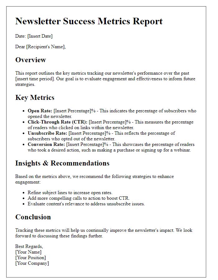 Letter template of tracking metrics for newsletter success.