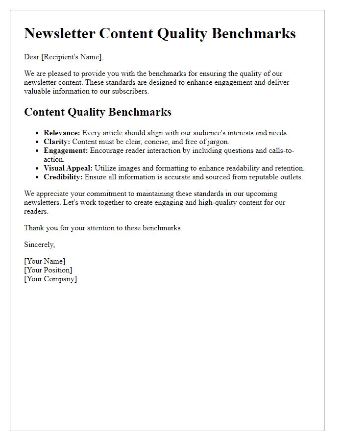 Letter template of Benchmarks for Newsletter Content Quality