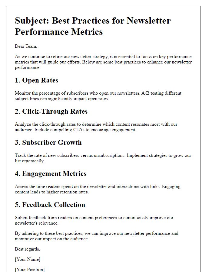 Letter template of Best Practices for Newsletter Performance Metrics