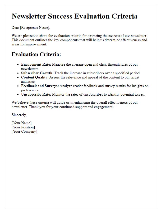 Letter template of Evaluation Criteria for Newsletter Success