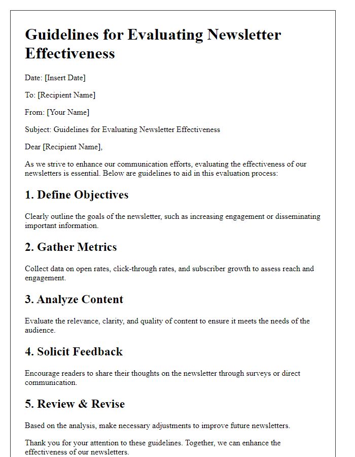 Letter template of Guidelines for Evaluating Newsletter Effectiveness