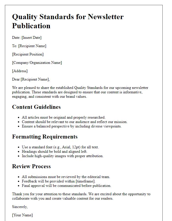 Letter template of Quality Standards for Newsletter Publication