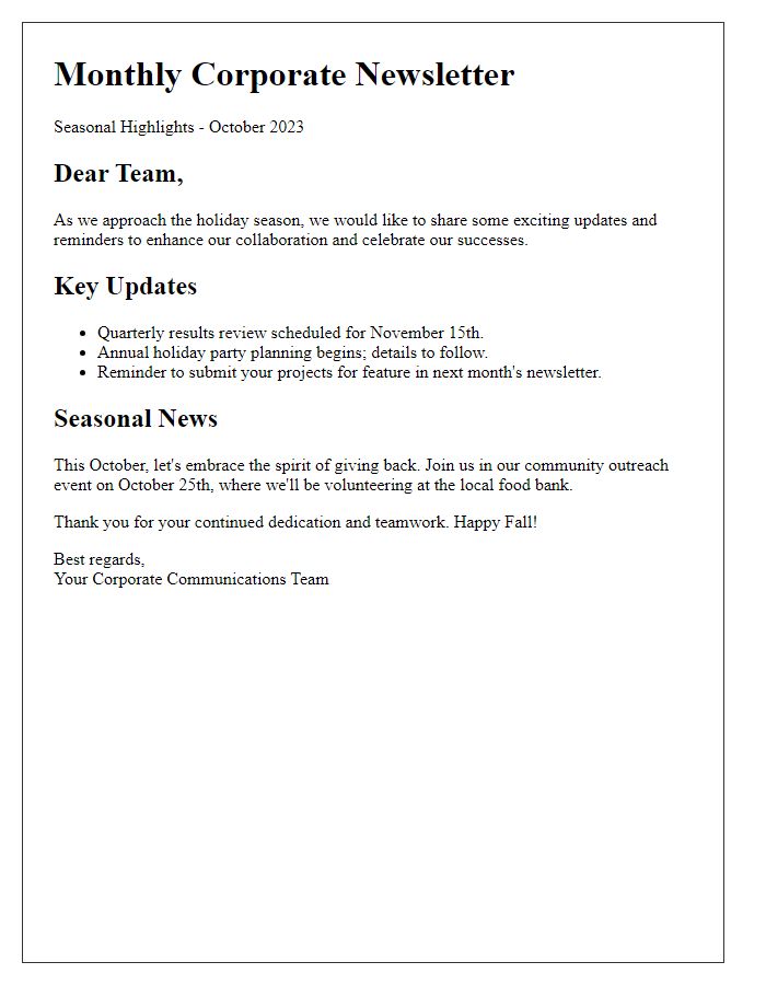 Letter template of corporate newsletter coordination with seasonal news