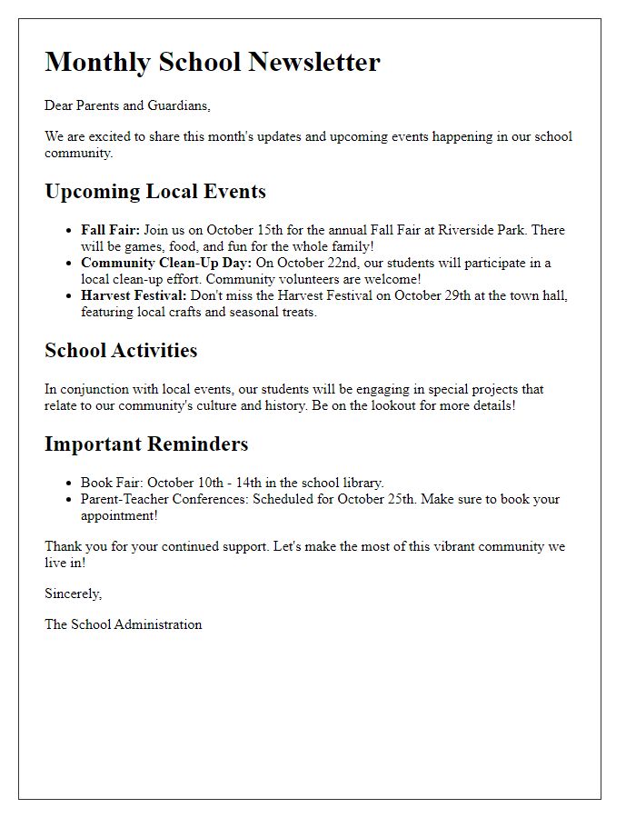 Letter template of school newsletter adaptation to local events