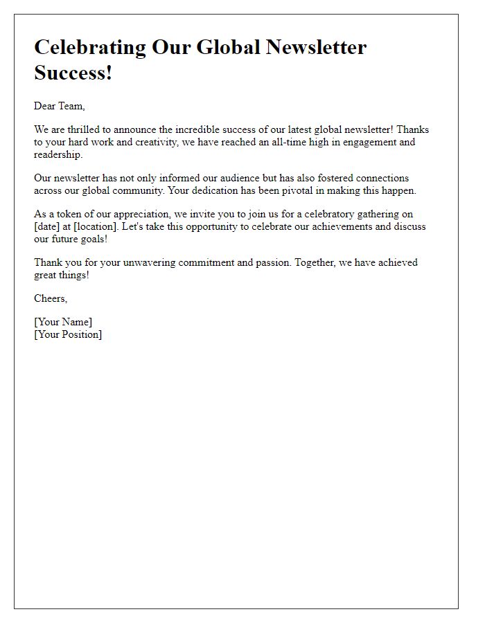 Letter template of celebration for global newsletter success