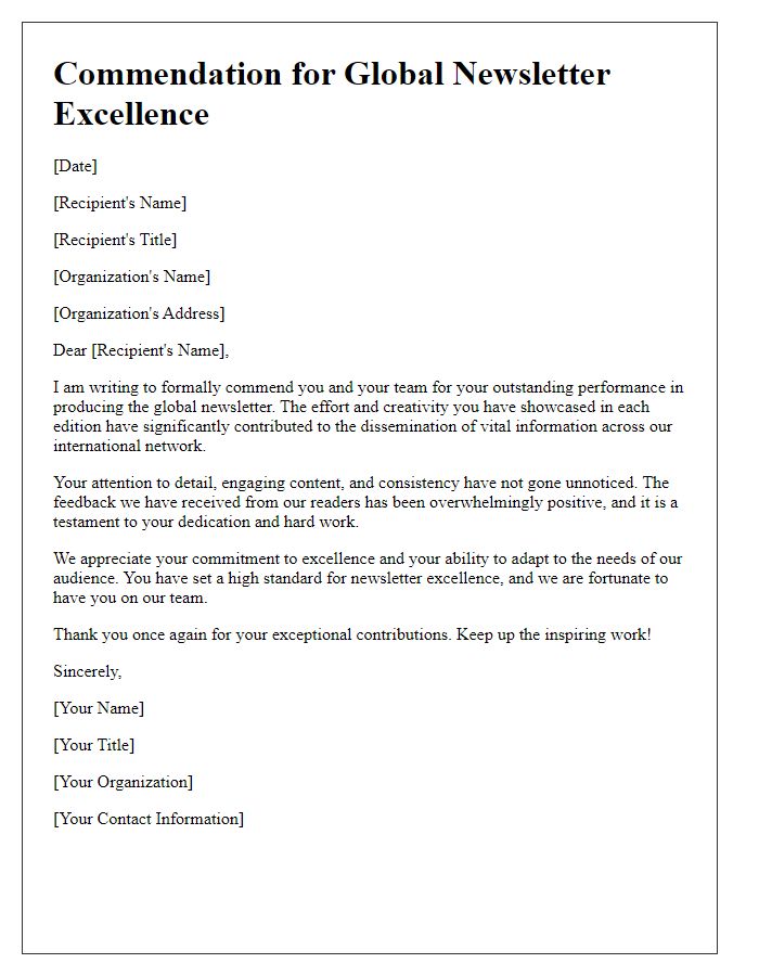 Letter template of commendation for global newsletter excellence