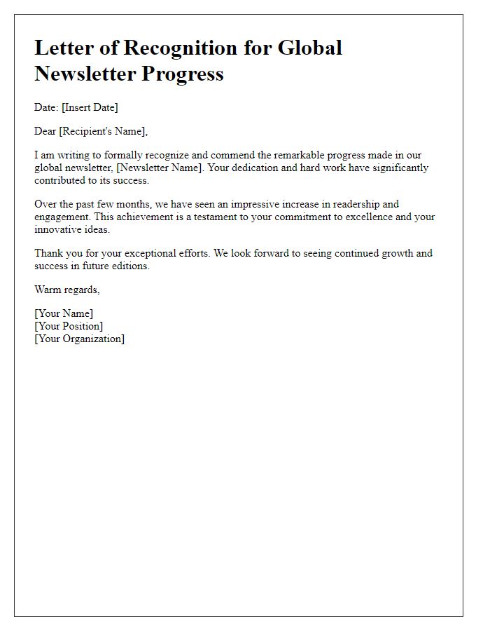 Letter template of recognition for global newsletter progress