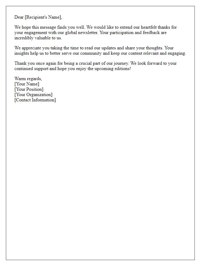 Letter template of thanks for global newsletter engagement