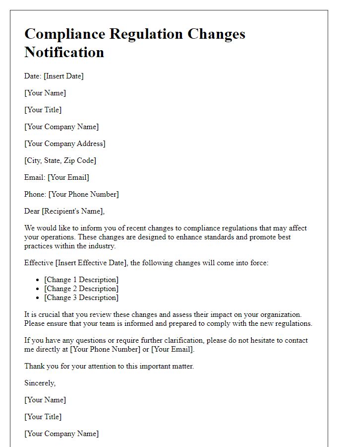 Letter template of Compliance Regulation Changes Notification