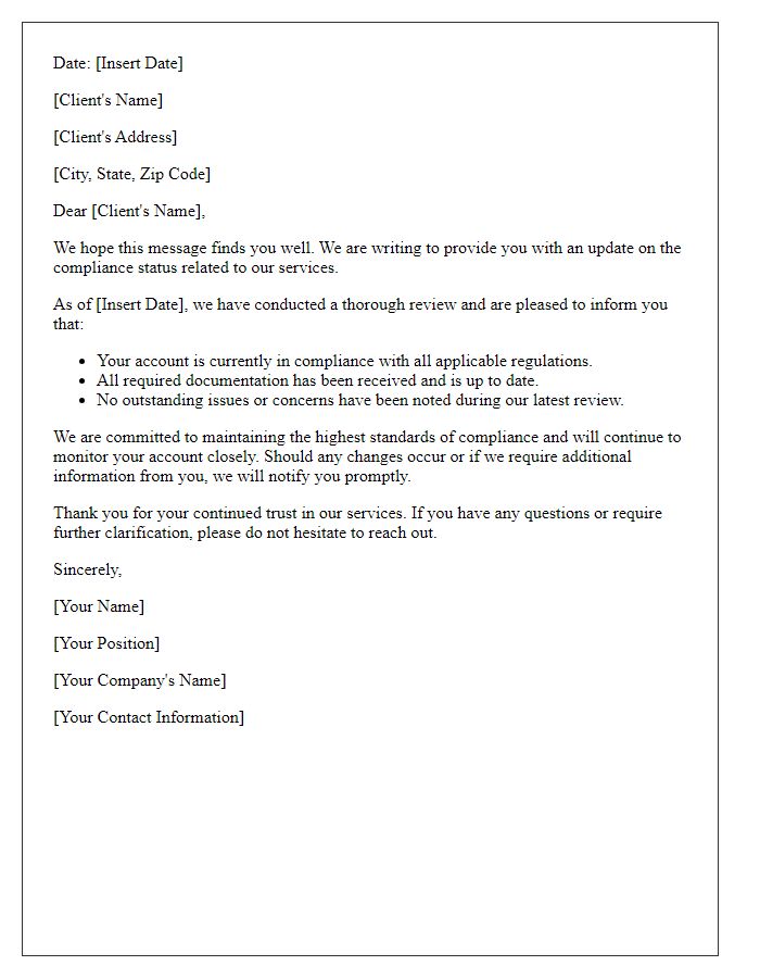 Letter template of Compliance Status Update to Clients