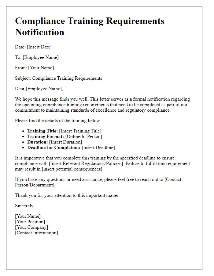 Letter template of Compliance Training Requirements Notification