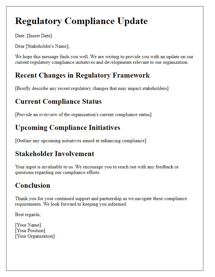 Letter template of Regulatory Compliance Update for Stakeholders