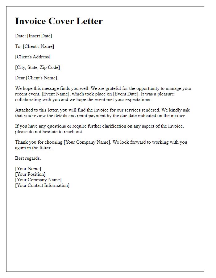 Letter template of invoice cover letter for event management.