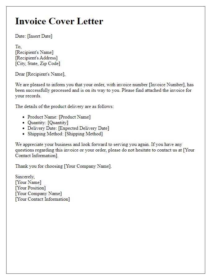 Letter template of invoice cover letter for product delivery.