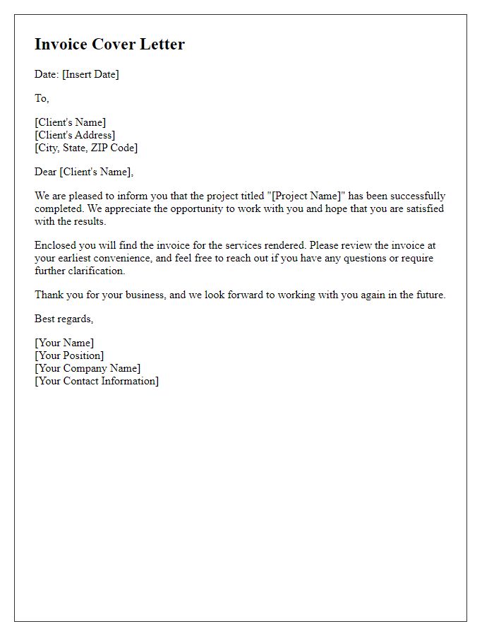 Letter template of invoice cover letter for project completion.