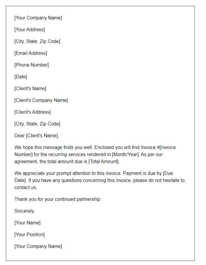 Letter template of invoice cover letter for recurring services.