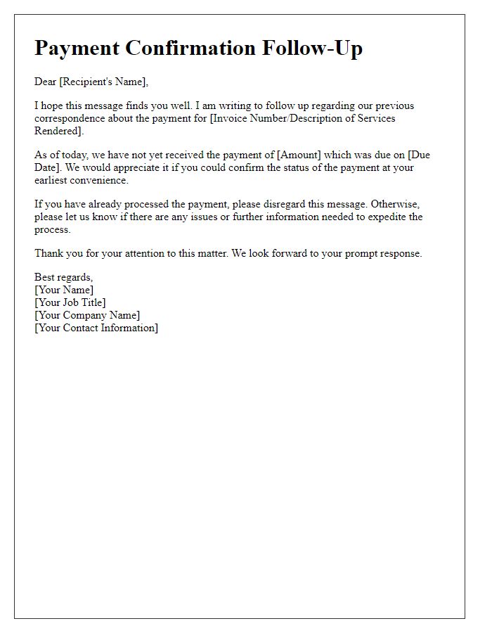 Letter template of follow-up on payment confirmation.