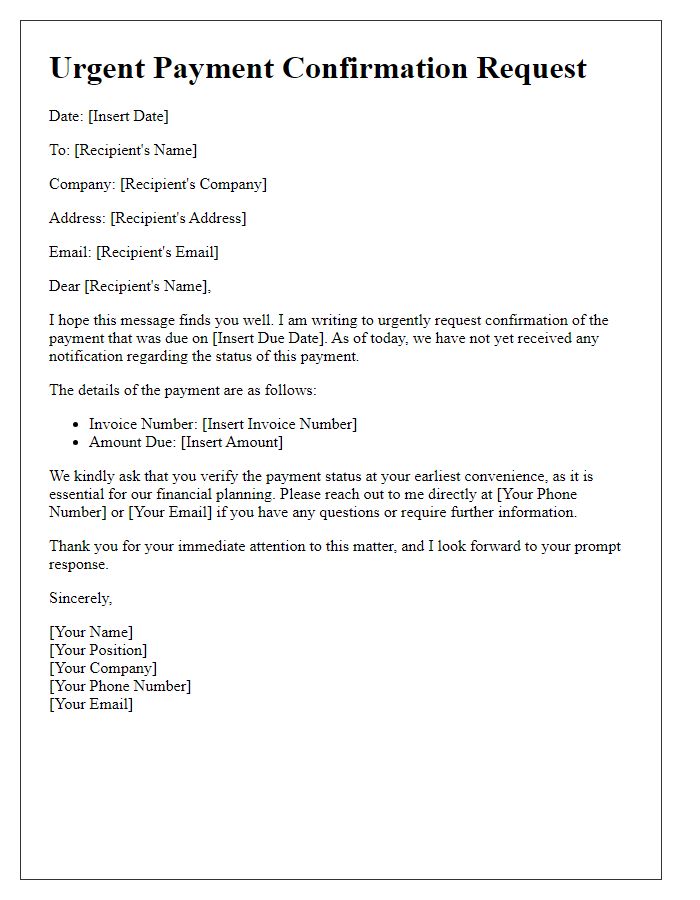 Letter template of urgent payment confirmation request.