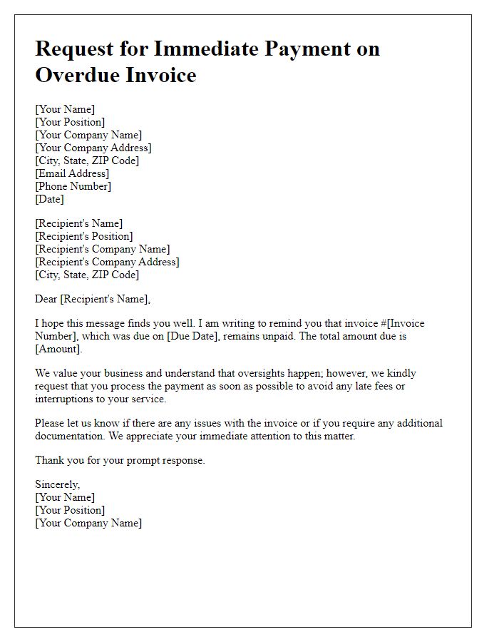 Letter template of request for immediate payment on overdue invoice.