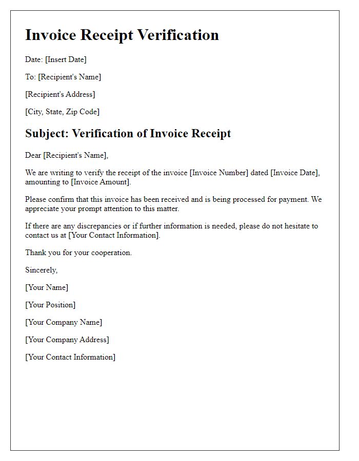 Letter template of invoice receipt verification.