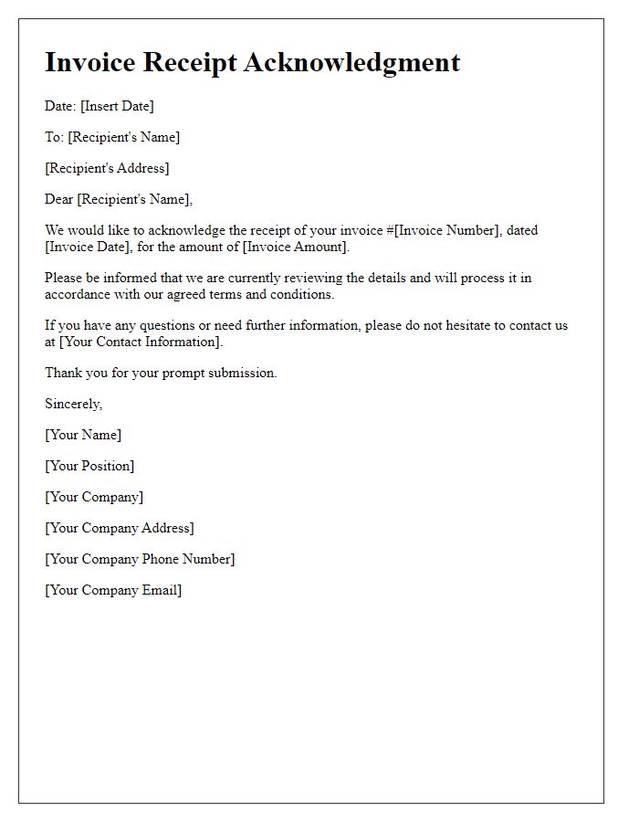 Letter template of notice for invoice receipt acknowledgment.