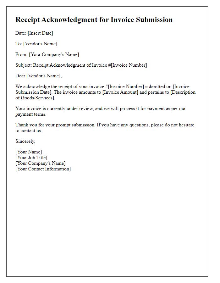 Letter template of receipt acknowledgment for invoice submission.