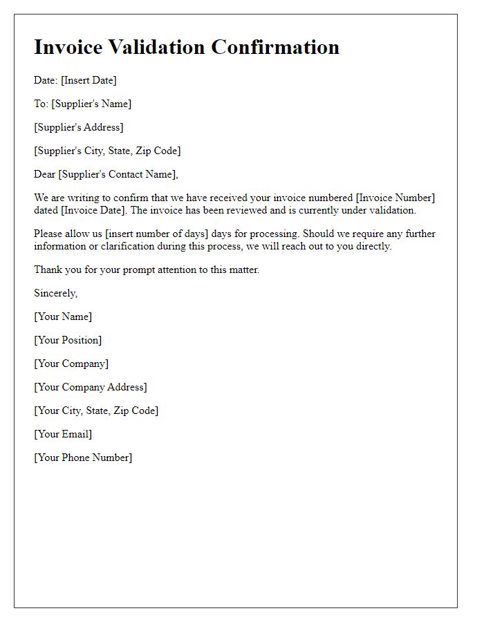 Letter template of validation for received invoice.