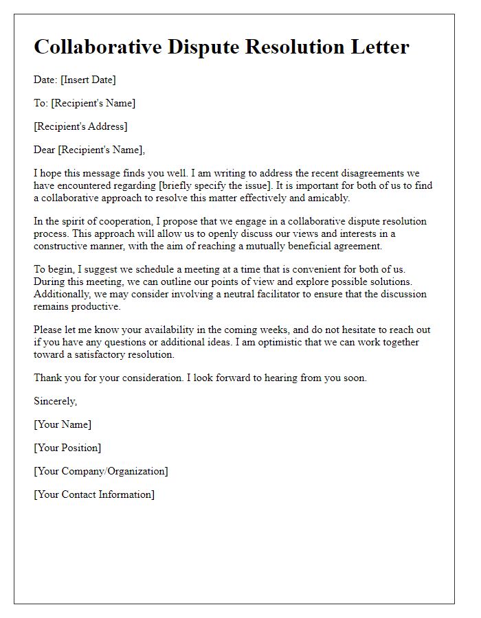 Letter template of collaborative dispute resolution approach.