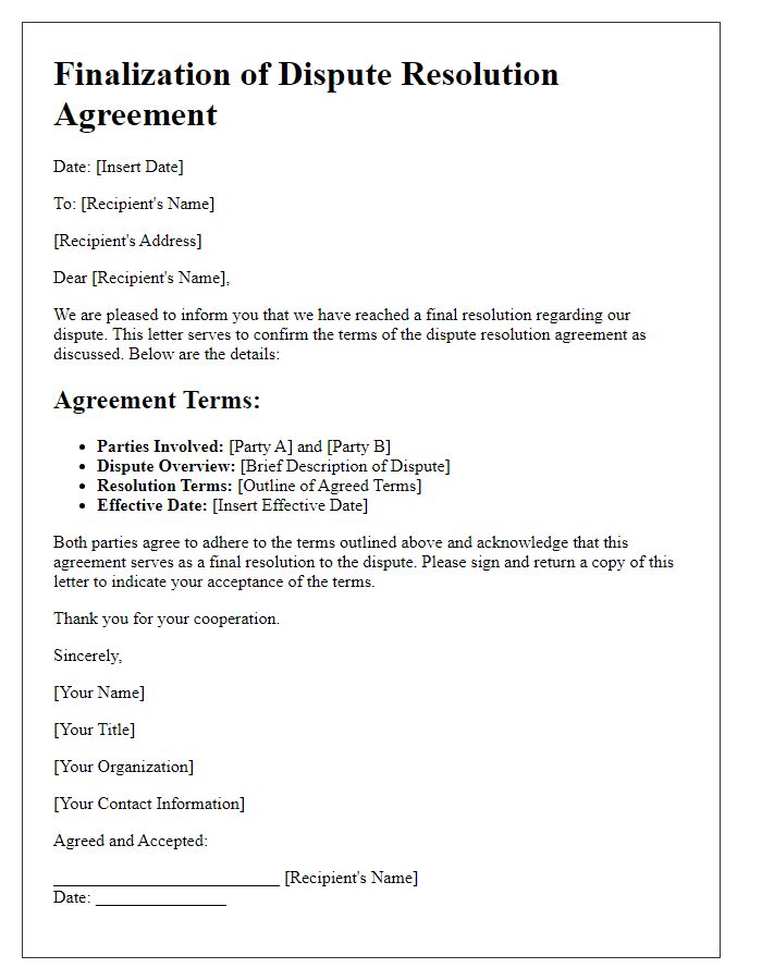 Letter template of finalization for dispute resolution agreement.