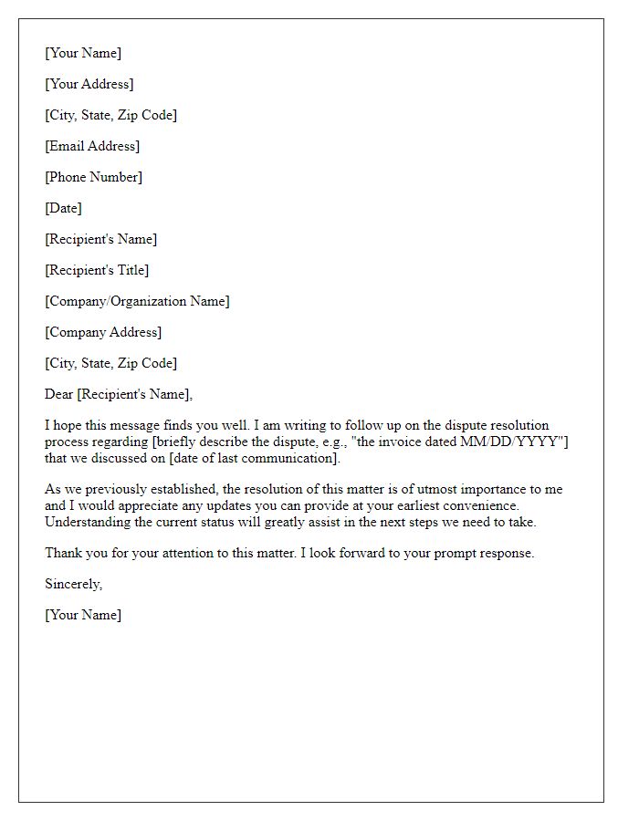Letter template of follow-up on dispute resolution status.