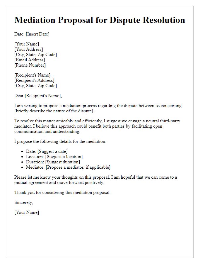 Letter template of mediation proposal for dispute resolution.